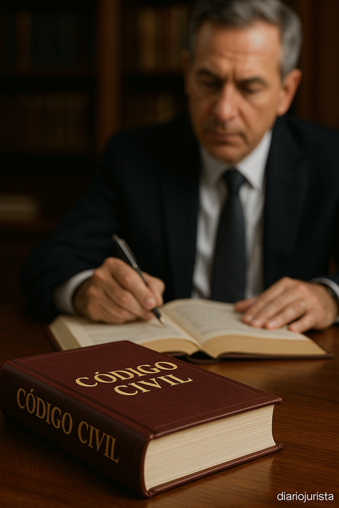 Código Civil de 2002 em destaque sobre mesa, representando a aplicação da escada ponteana no direito civil brasileiro, com jurista estudando ao fundo e marca diariojurista visível