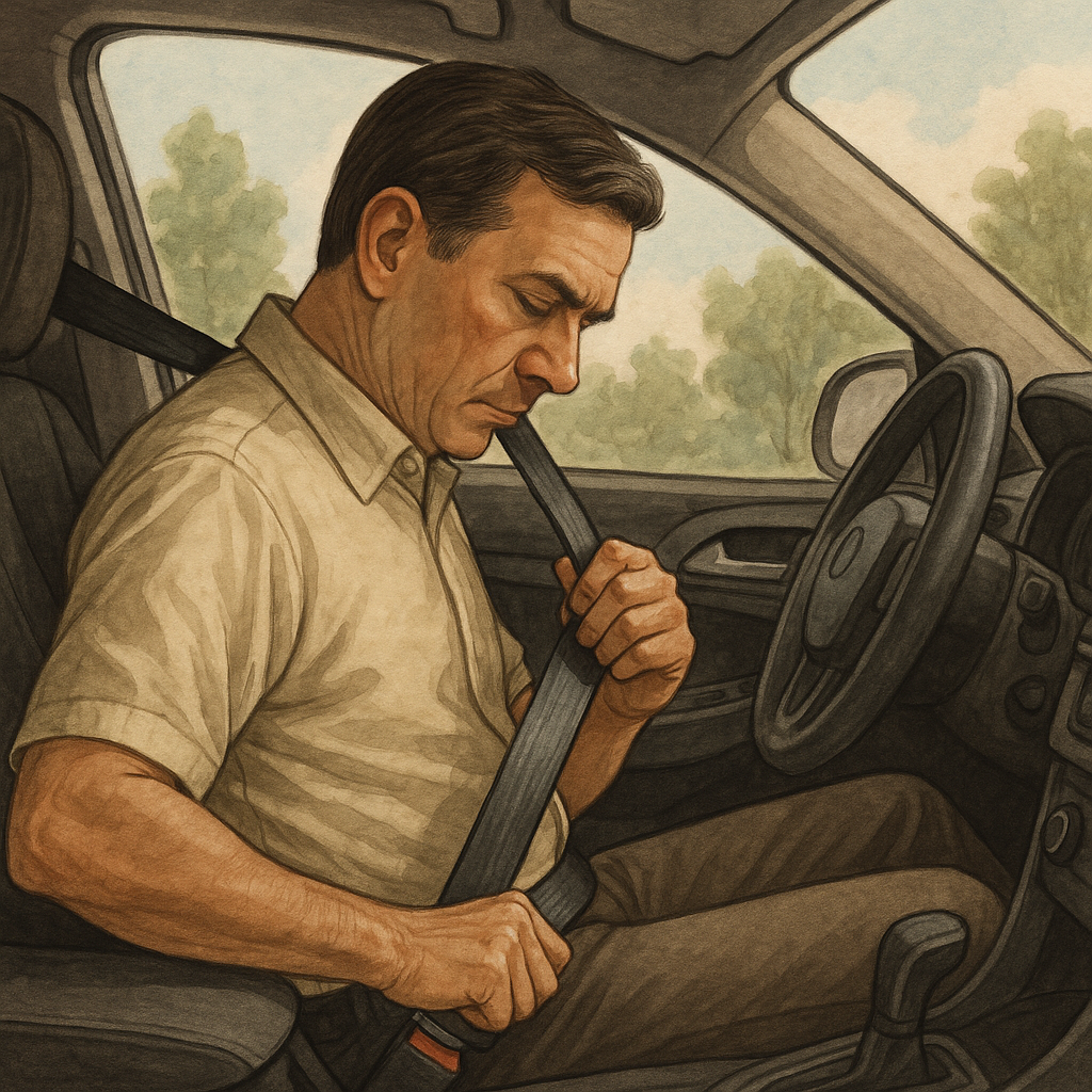 "Homem afivelando o cinto de segurança dentro do carro como exemplo prático da escada ponteana no direito, ilustrando fato, valor e norma."