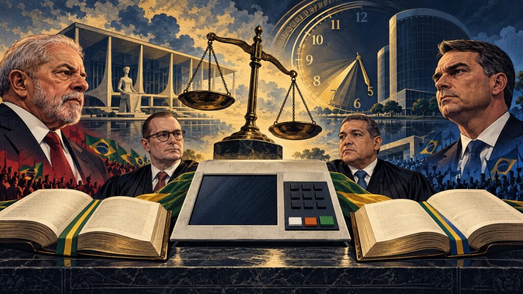 Novas eleições em 2026: urna eletrônica sob a balança da justiça, relógio entre 17h e 19h, STF e TSE ao fundo, Lula, Flávio Bolsonaro e os ministros Cristiano Zanin e Kassio Nunes Marques