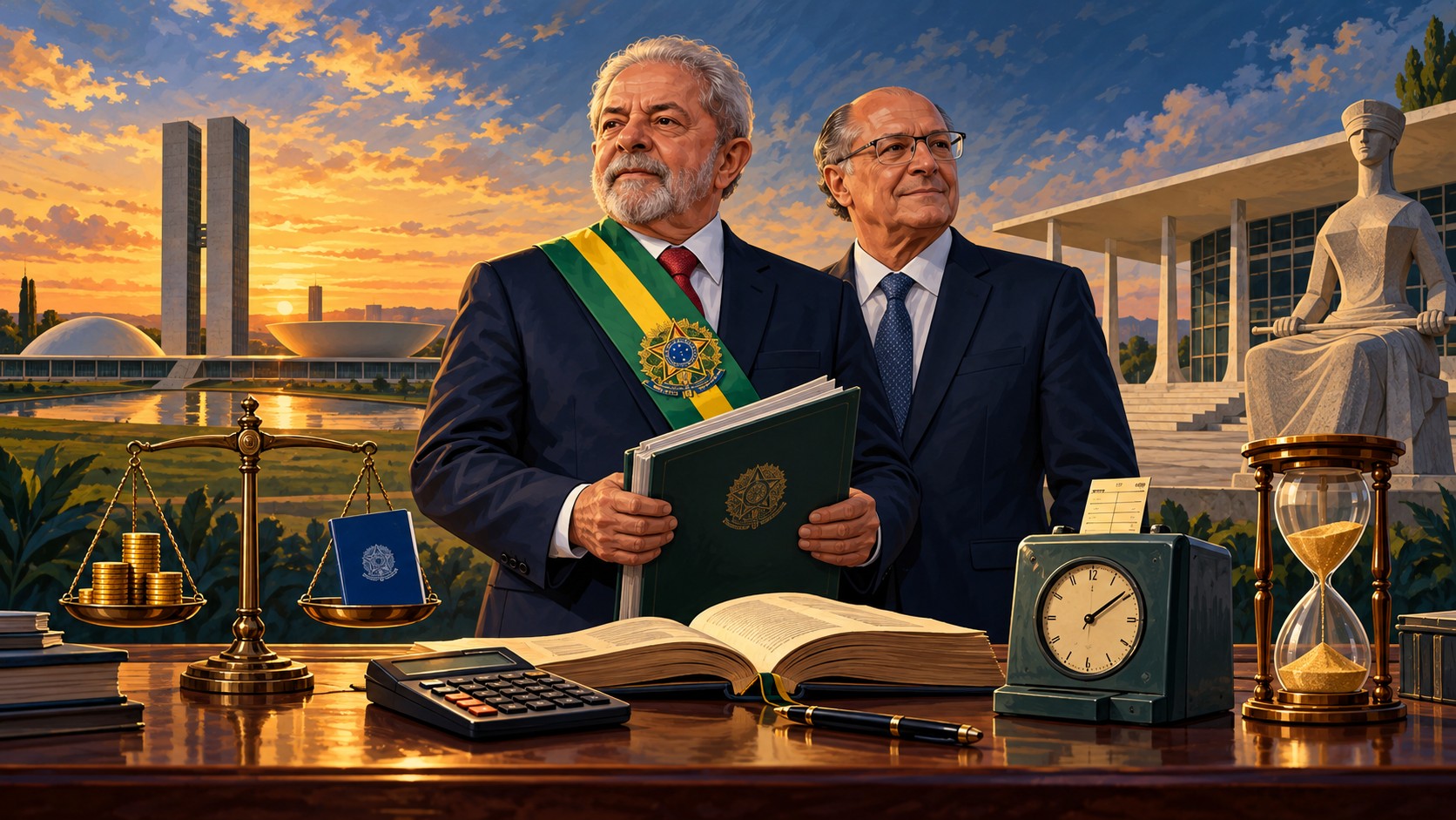 Novo mandato de Lula: ilustração com Lula de faixa presidencial segurando o plano de governo, Geraldo Alckmin, o Congresso Nacional, o STF, a balança da Justiça, a carteira de trabalho e a ampulheta da reforma tributária