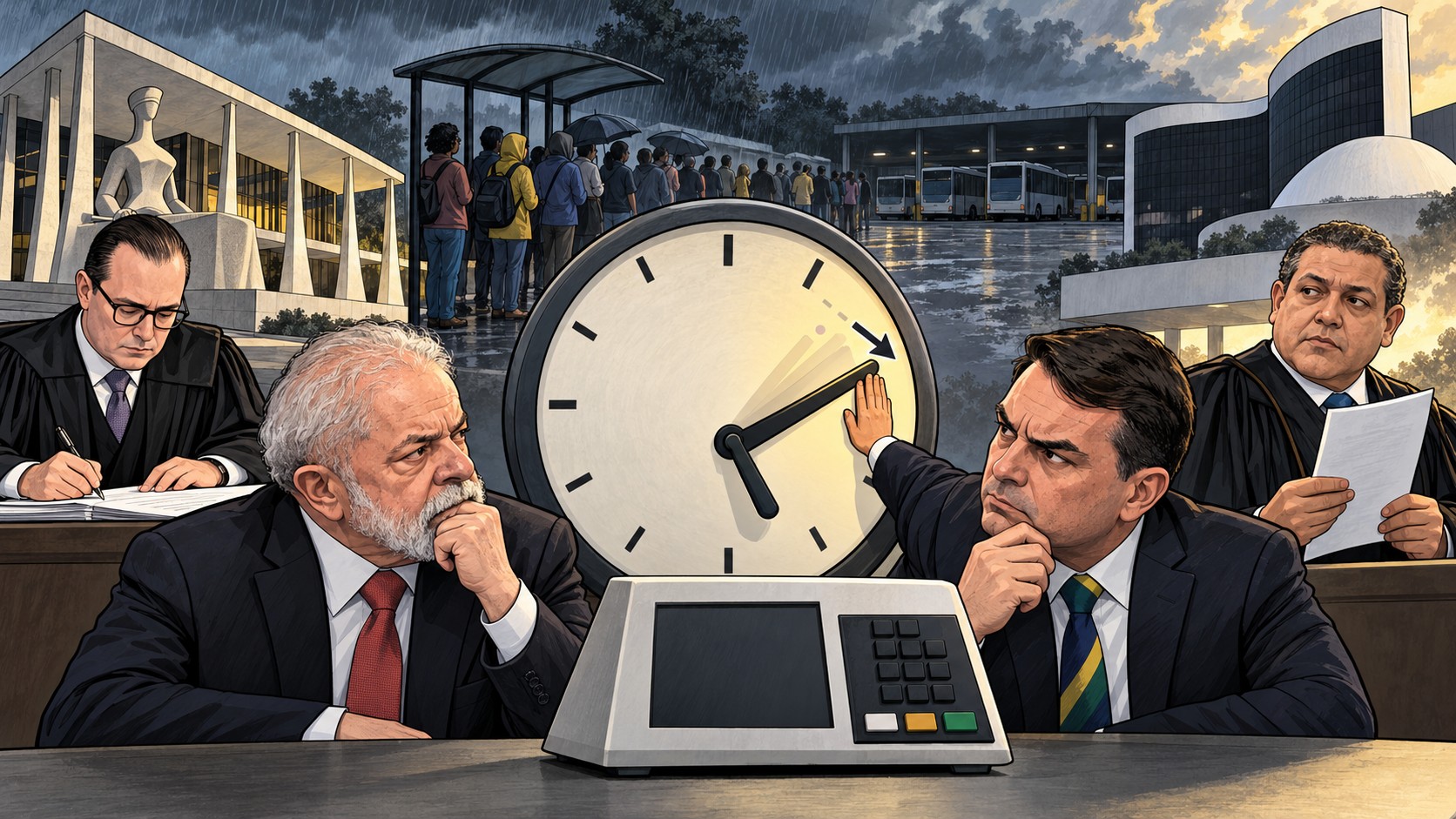 Prorrogação da votação no segundo turno de 2026: relógio adiantado das 17h para as 19h, urna eletrônica, Lula, Flávio Bolsonaro e os ministros Cristiano Zanin (STF) e Kassio Nunes Marques (TSE)